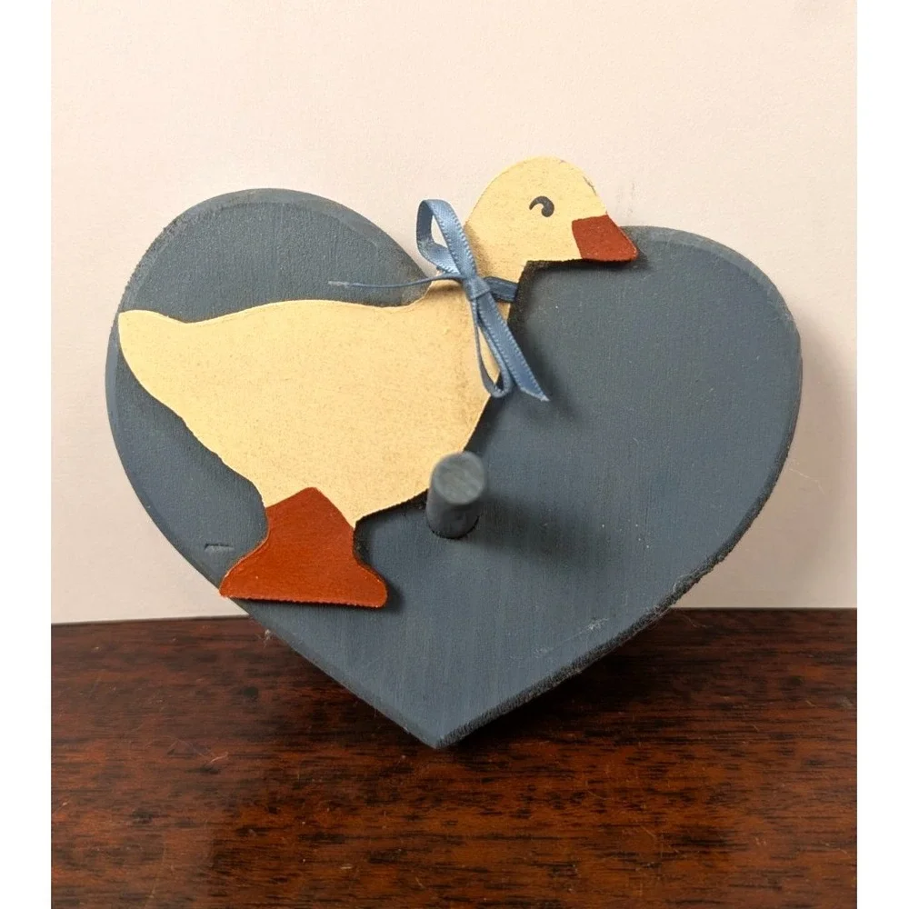 Vintage Wooden Goose Wall Hook Heart Plaque Blue Country Farmhouse Decor